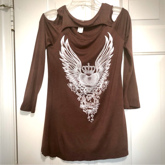 Brown Angel Wing Design Sequence Women's Cold Shoulder Long Sleeves Shirt Top - Picture 1 of 14
